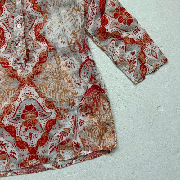 Chico’s 100% Linen Collared Tunic Top Floral Print 3/4 Sleeve Size 0/2P - Picture 3 of 7
